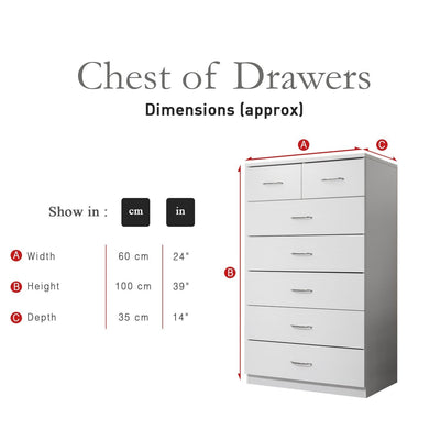 7 Drawer Tall Chest of Drawers in White - Laura James