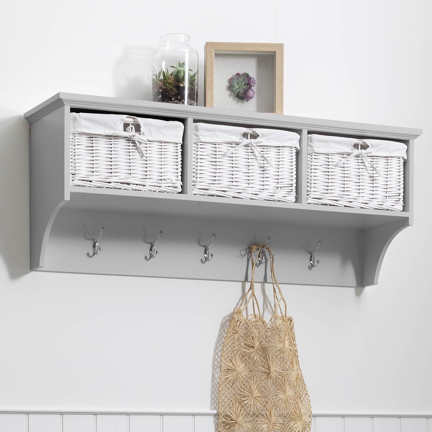 Fyfield Wall Mounted Coat Rack With 3 Wicker Baskets Grey laura